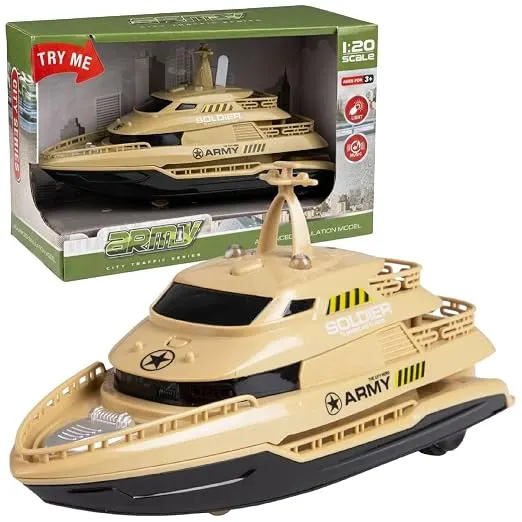 Military Patroling Boat Toy with Lights & Music, Friction Powered Army Yacht Toy